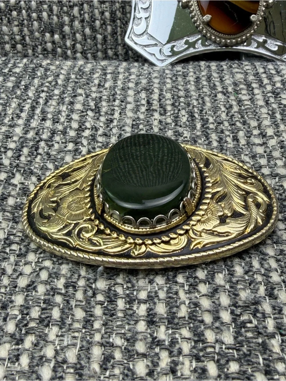 Western Belt Buckle Lot Faux Stone Cabochon Green Tiger Eye Look 2pc